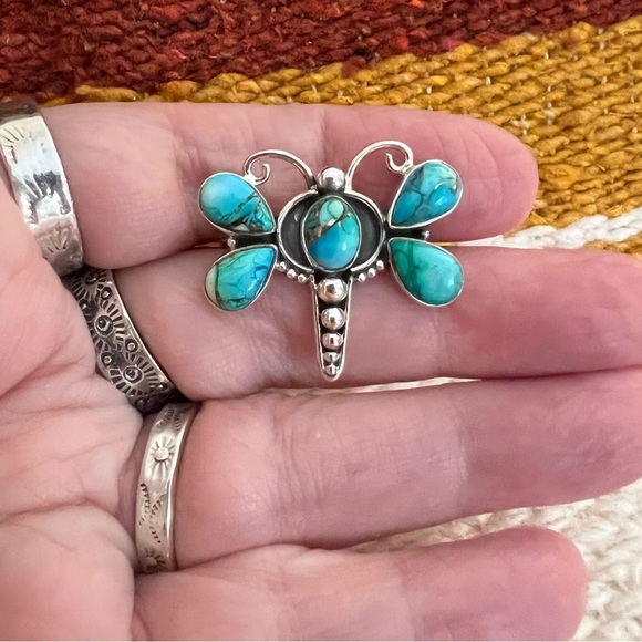 ❤️ Kingman Dahlia Turquoise Sterling 925 Butterfly Dragonfly Ring Navajo Sz 6.75 - Picture 5 of 17